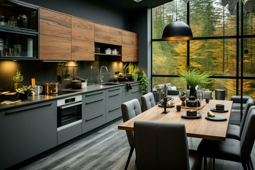 Modern kitchen interior design in apartment or house with furniture. Luxury kitchen home scandinavian concept by AI Generated Free Photo