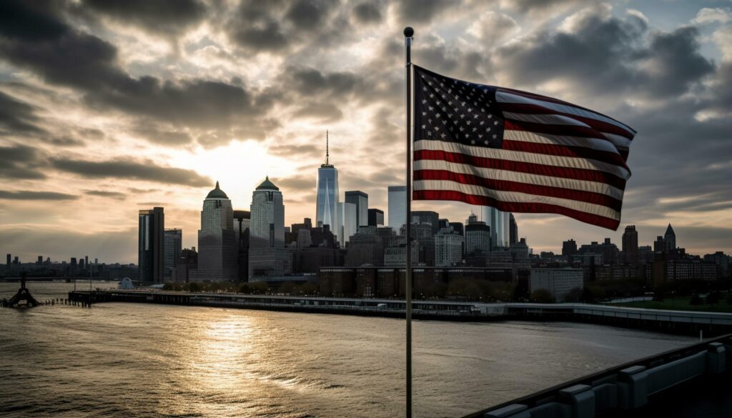 American flag waves over iconic city skyline generated by AI Stock Free