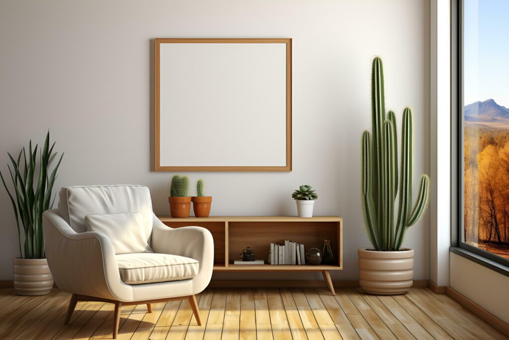 Add text on Minimal frame decoration on white wall. Interior minimal design and design space in room for wood furniture. Generative AI Illustration Stock Free