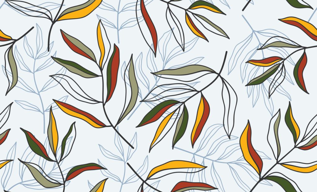 Hand drawn tropical leaves with seamless pattern. Botanical trendy design in multiple colors. Vector repeat design for fabric, wallpaper or wrapping paper. Free Vector