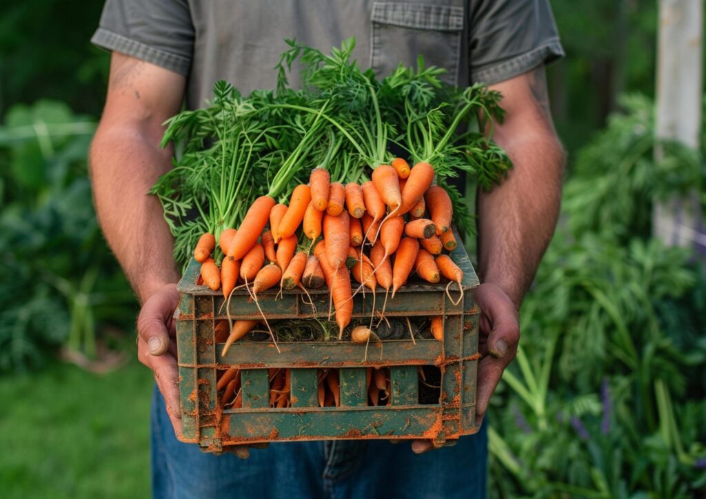 Man hands holding a crate full of fresh carrots in the garden generated by AI. Free Photo