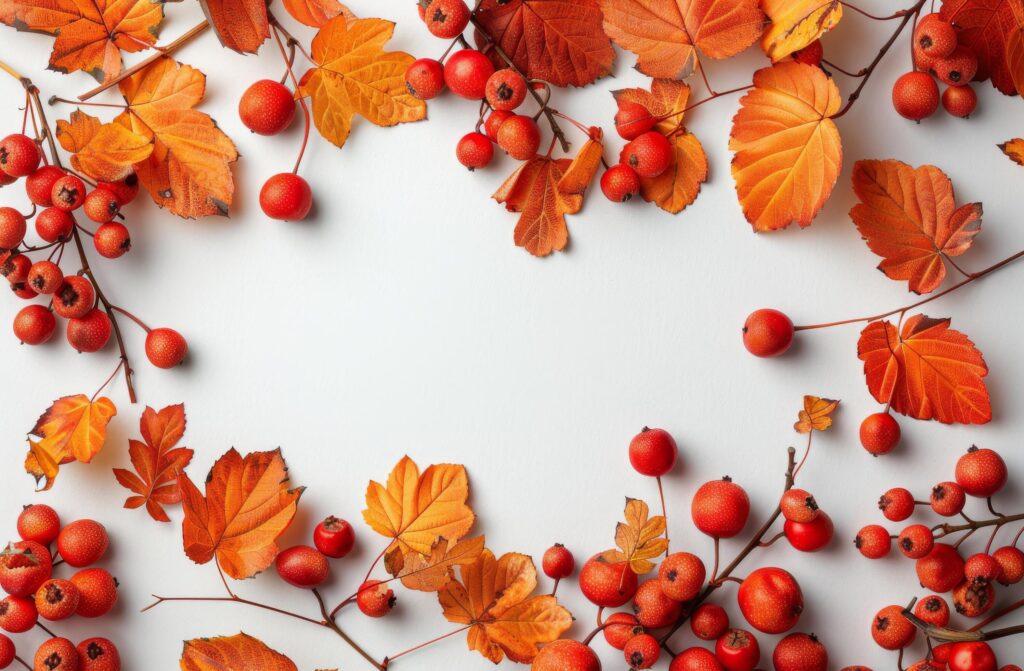 Autumn Leaves and Berries Frame on White Background Stock Free