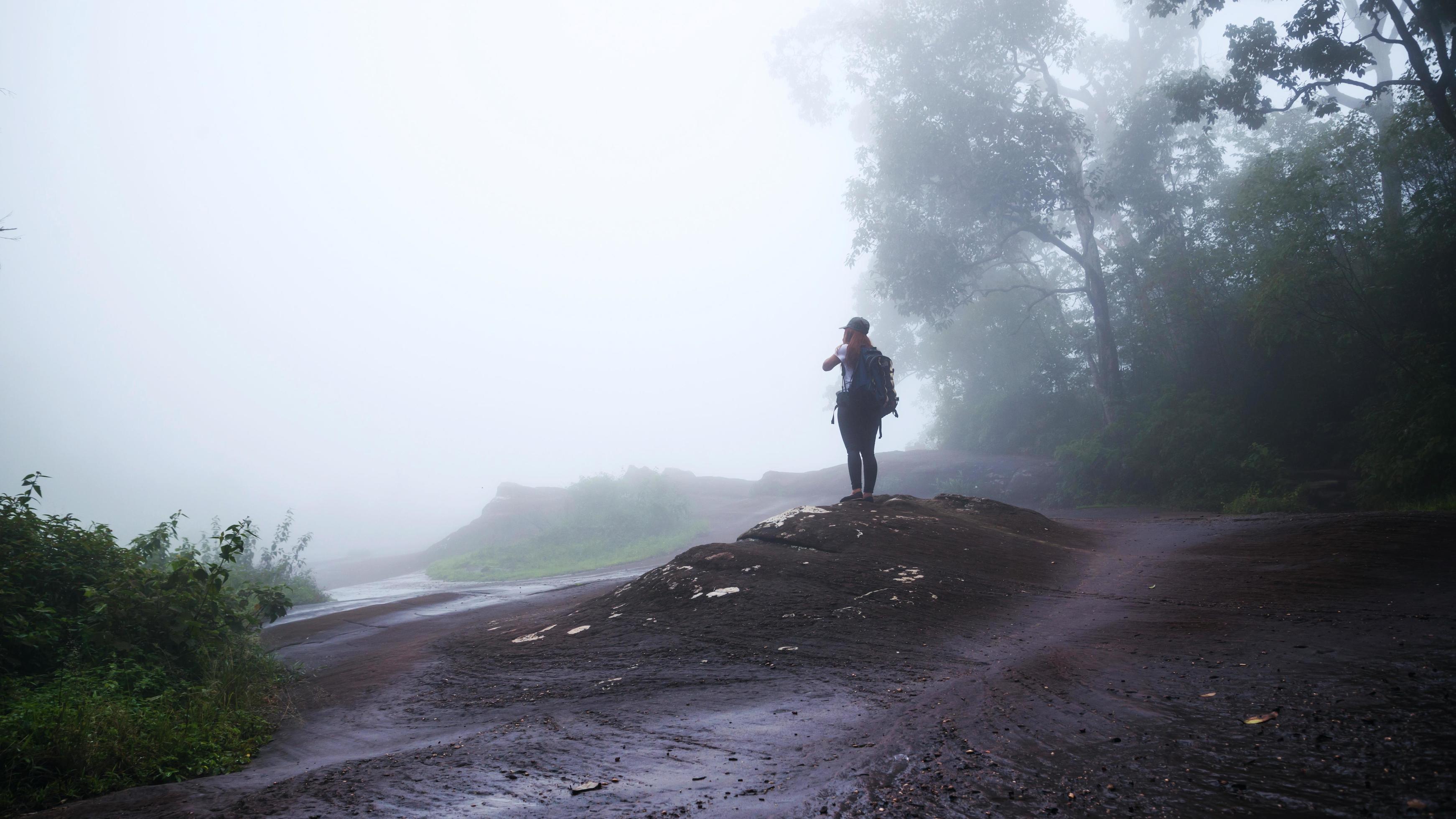 Girl walking traveling adventure nature in the rain forest. travel nature, Travel relax, Travel Thailand, rainy season. Phu Hin Rong Kla National Park Stock Free