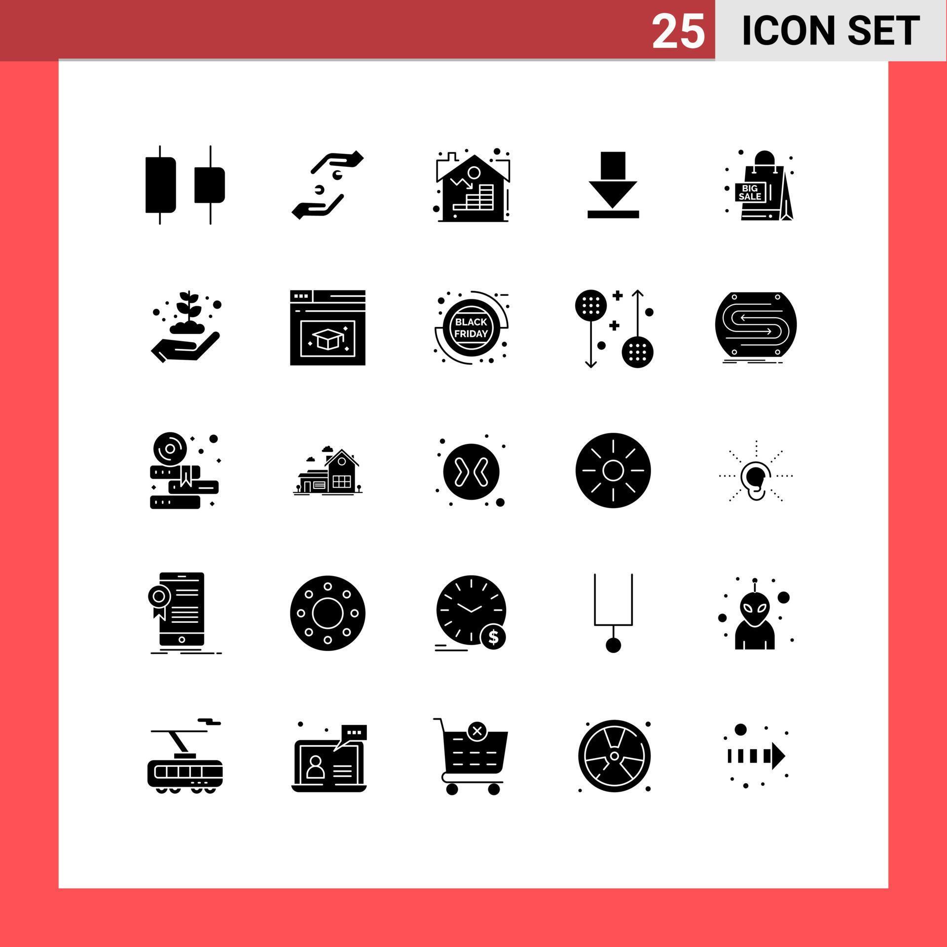 Mobile Interface Solid Glyph Set of 25 Pictograms of sales sales estate download arrow Editable Vector Design Elements Stock Free