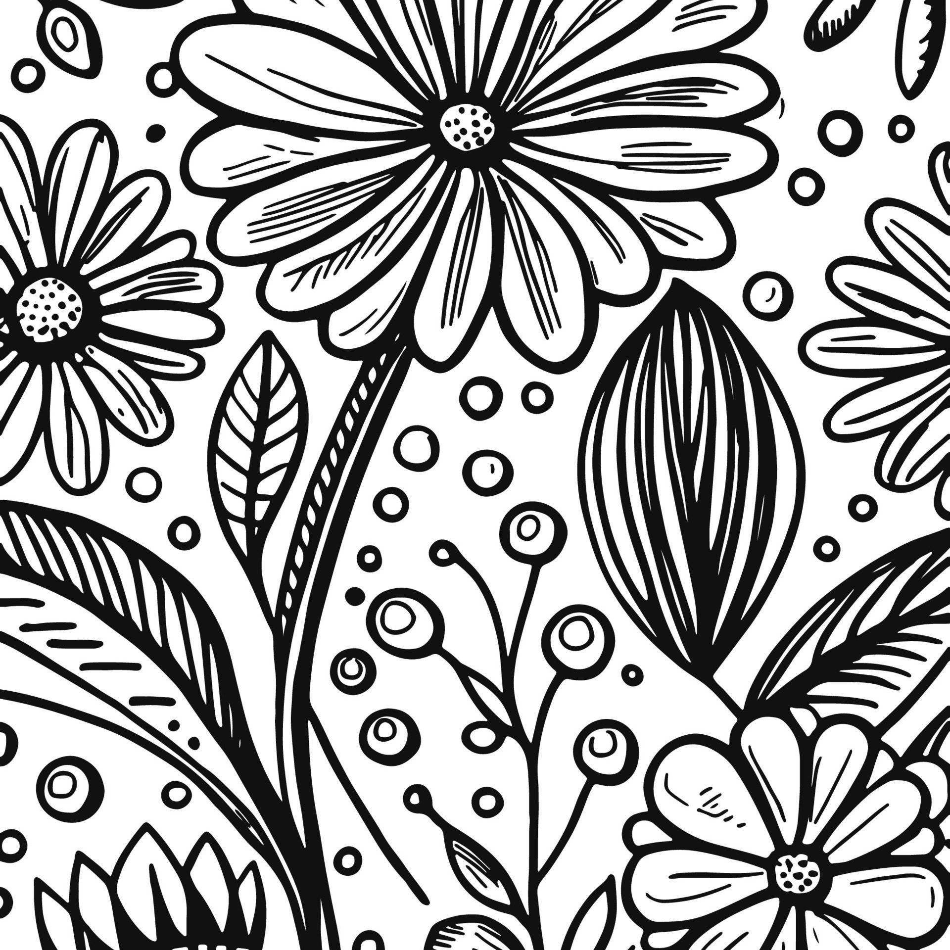 Abstract Black And White Monochromatic Hand-drawn Flowers Texture Pattern Doodle Vector Illustration Free Vector