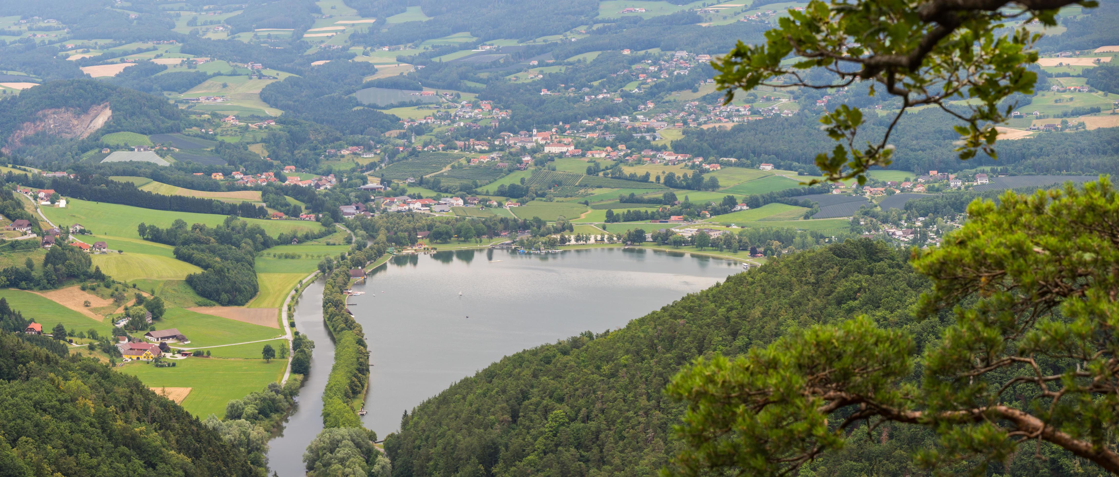 wonderful lake in a green nature with houses panorama Stock Free