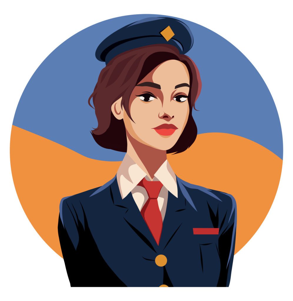 flat illustration of a commercial airline stewardess flight attendant with an airplane in the background. Vintage retro style Free Vector