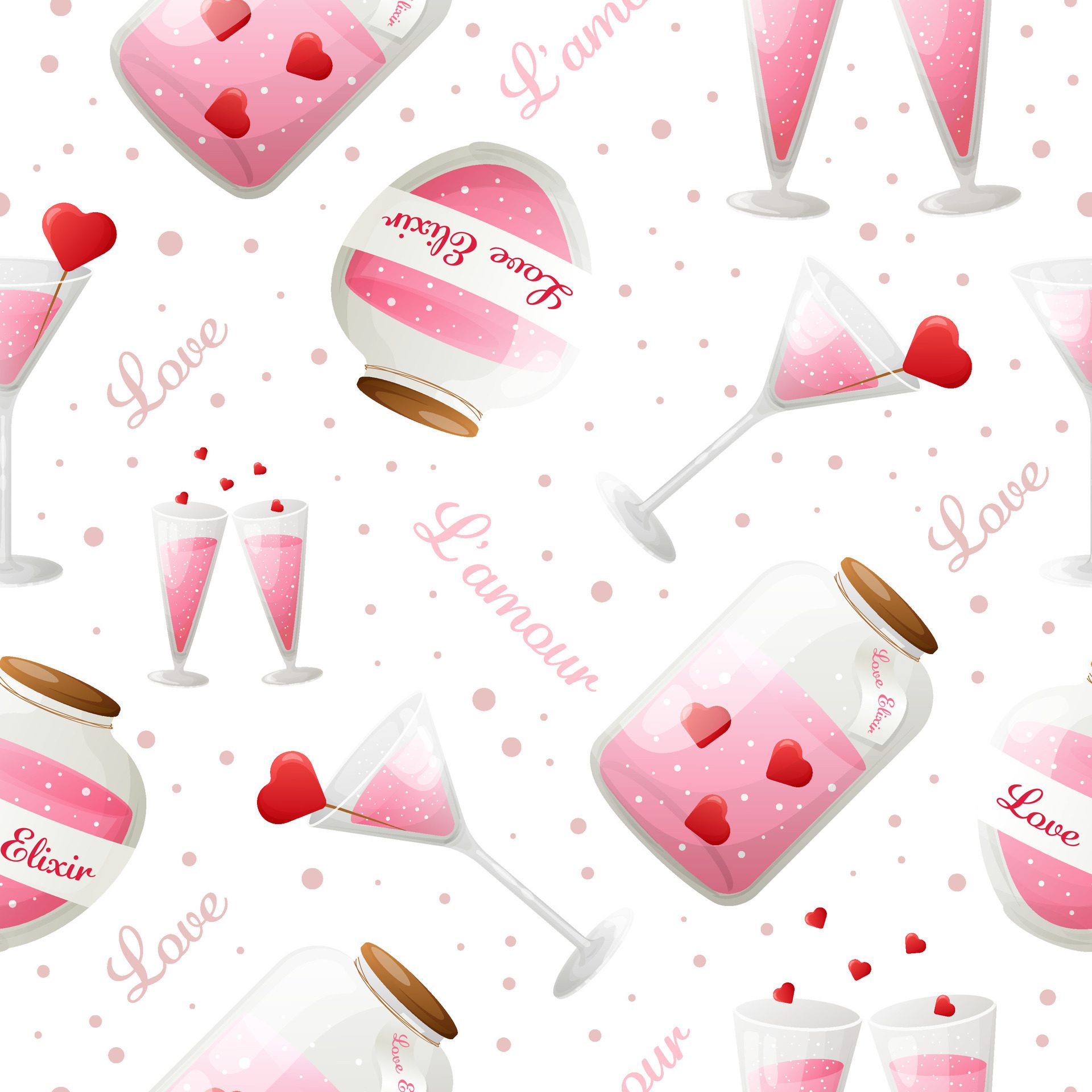 Seamless pattern with cartoon pink love elixir. Illustration for valentine’s day. Pattern for gift wrapping, fabric, postcards Free Vector