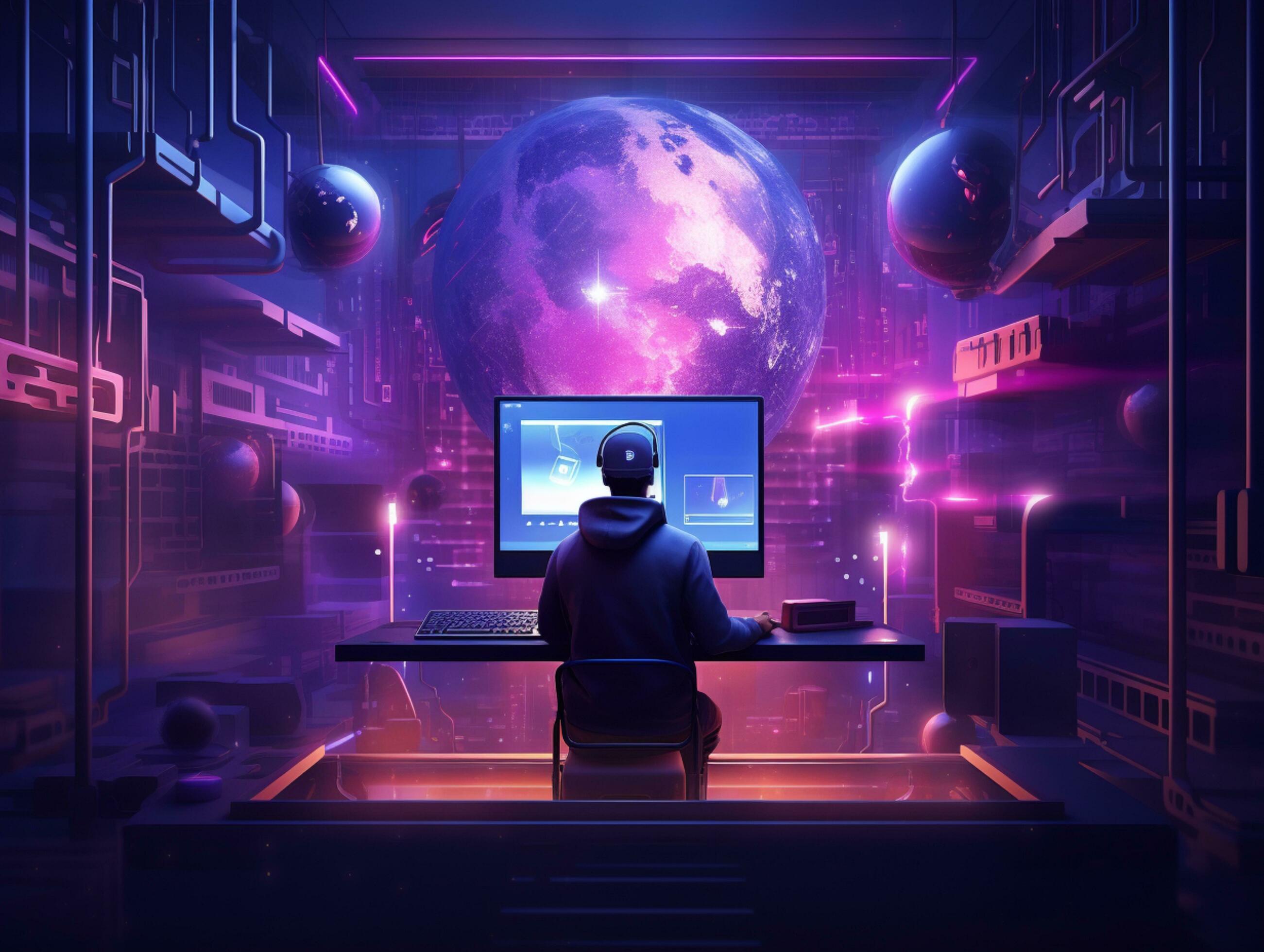 male working with computer illustration background Stock Free