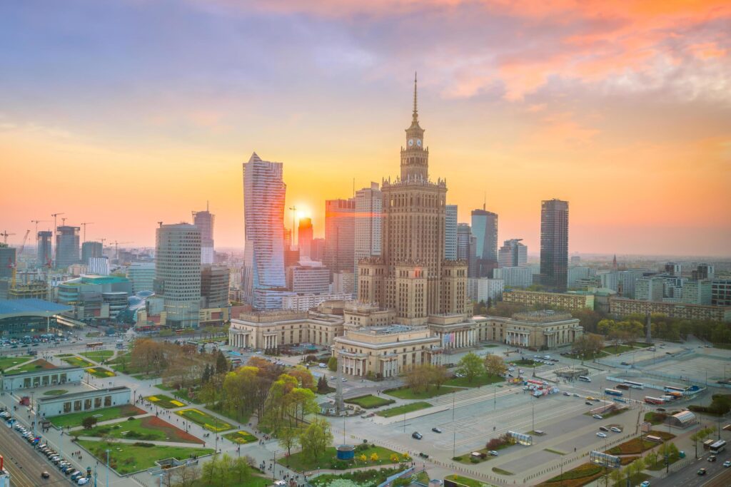 Aerial photo of Warsaw city skyline Stock Free