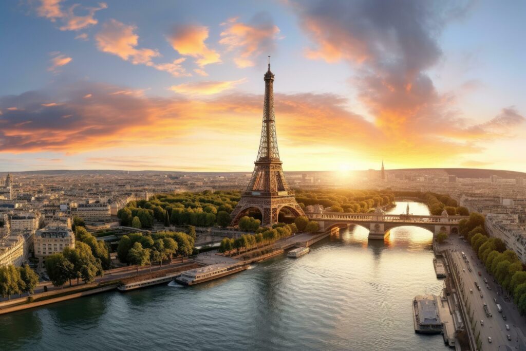 Aerial view of the Eiffel Tower at sunset, Paris, France, Aerial panoramic view of Paris with Eiffel Tower at sunset, France, AI Generated Stock Free