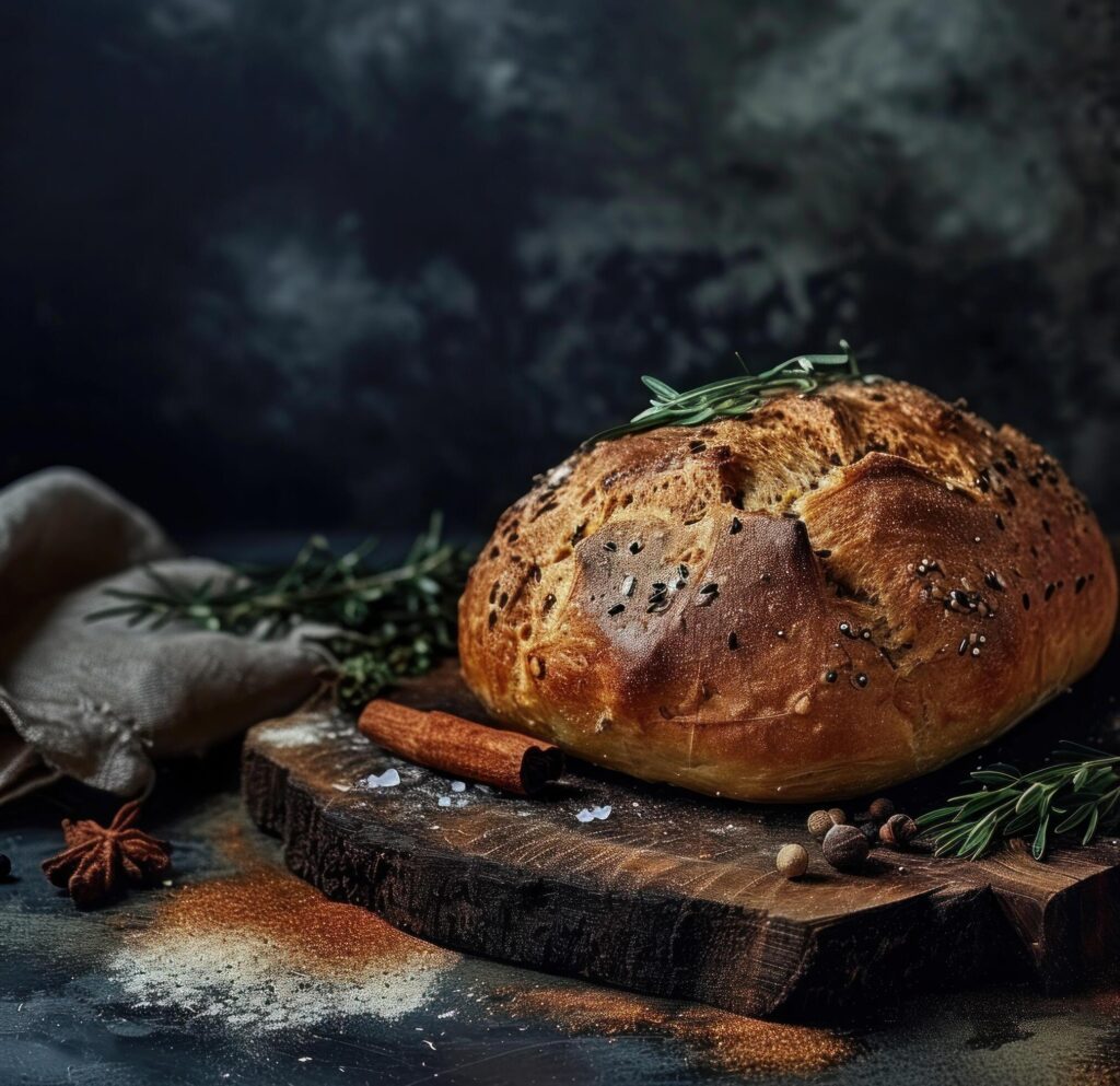 a baked loaf on a wooden board with some spices Free Photo