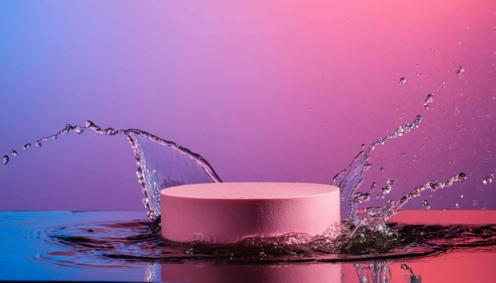 empty pink podium mockup with water splash on a purple gradient background for product display Stock Free