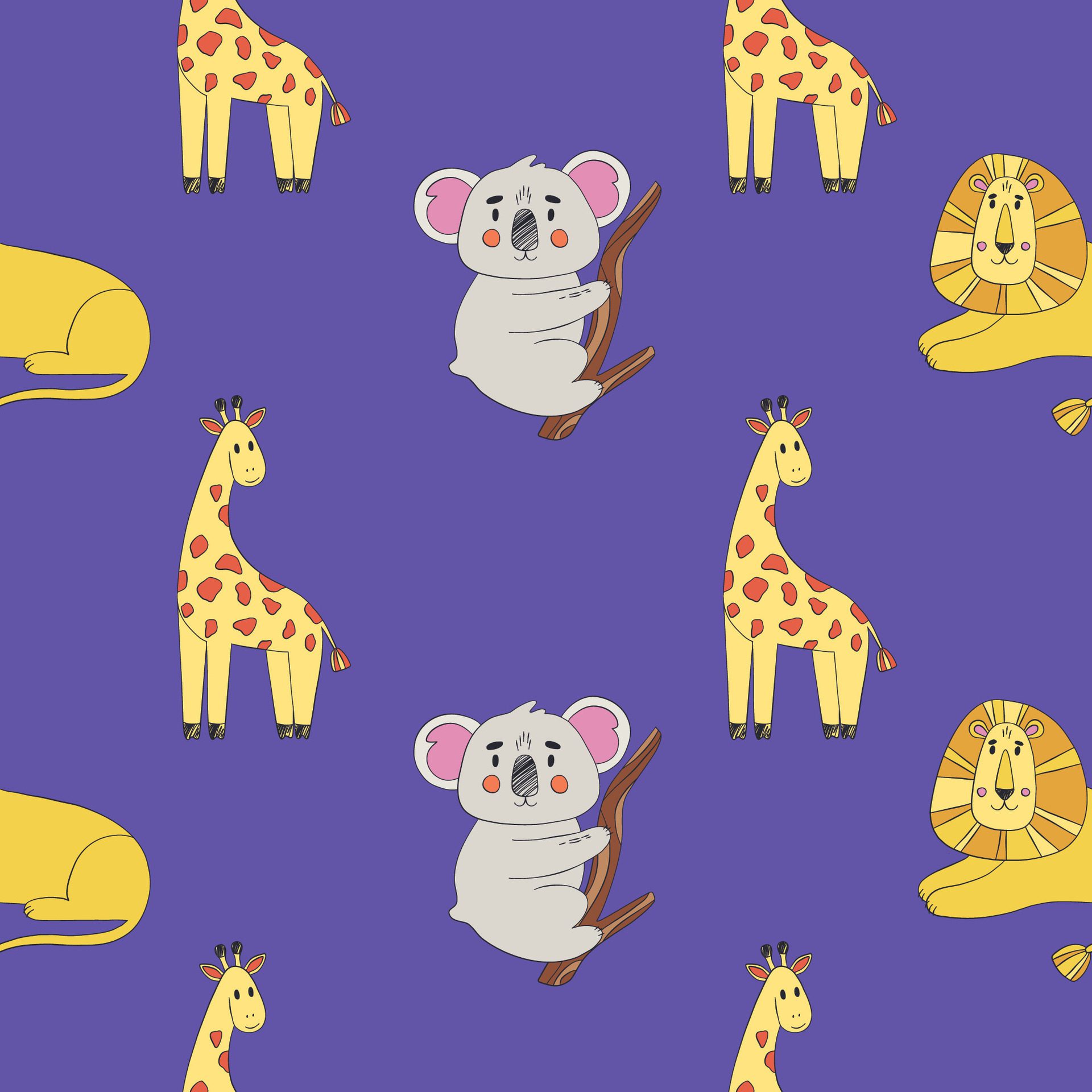 Safari animals pattern, summer kids print. Cute african animals. Giraffe, lion, koala. Free Vector