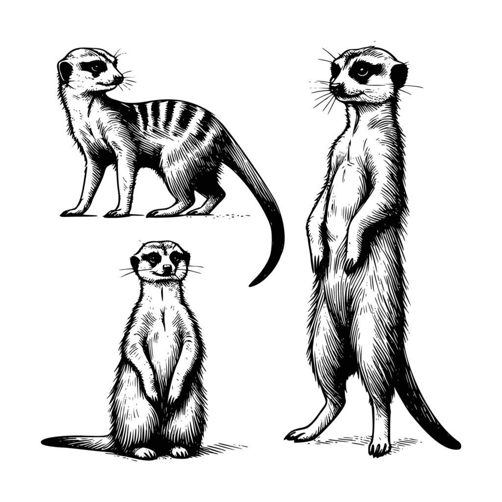 set of meerkat animal illustration. black and white hand drawn meerkat illustration isolated white background Free Vector