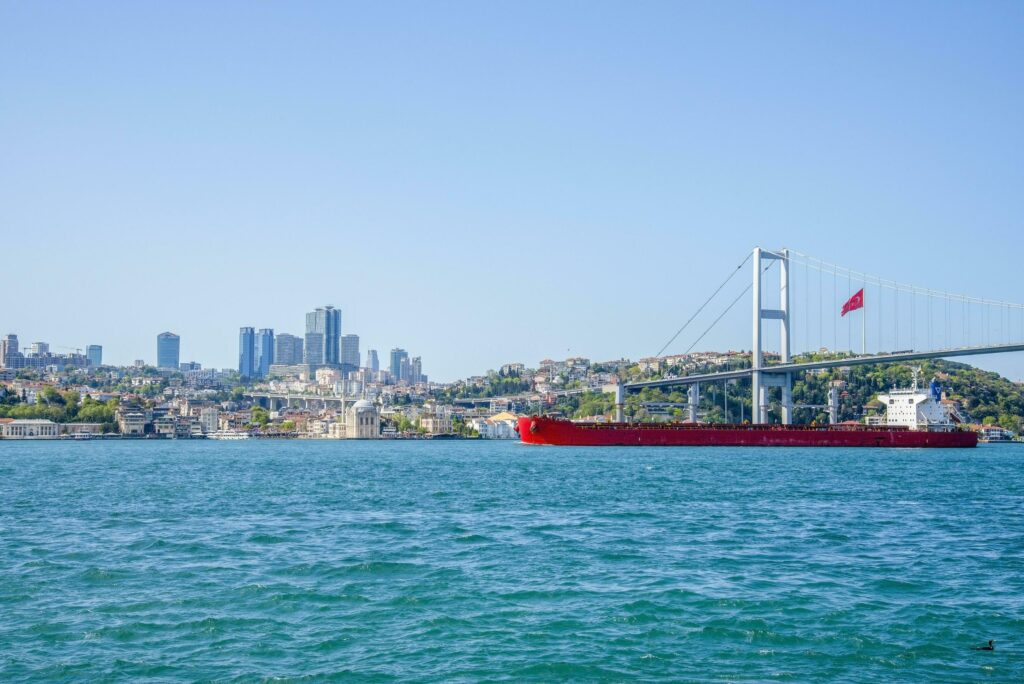 A cargo ship sails under a bridge in Istanbul on a summer and sunny day. Stock Free