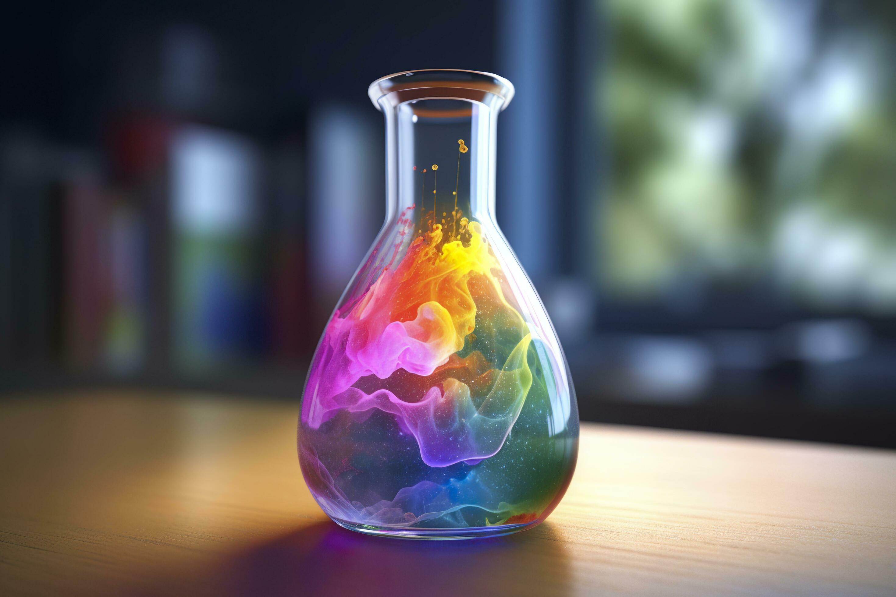 Close Up of a Science Beaker Filled with Multi Colored Liquids. AI Generative Stock Free