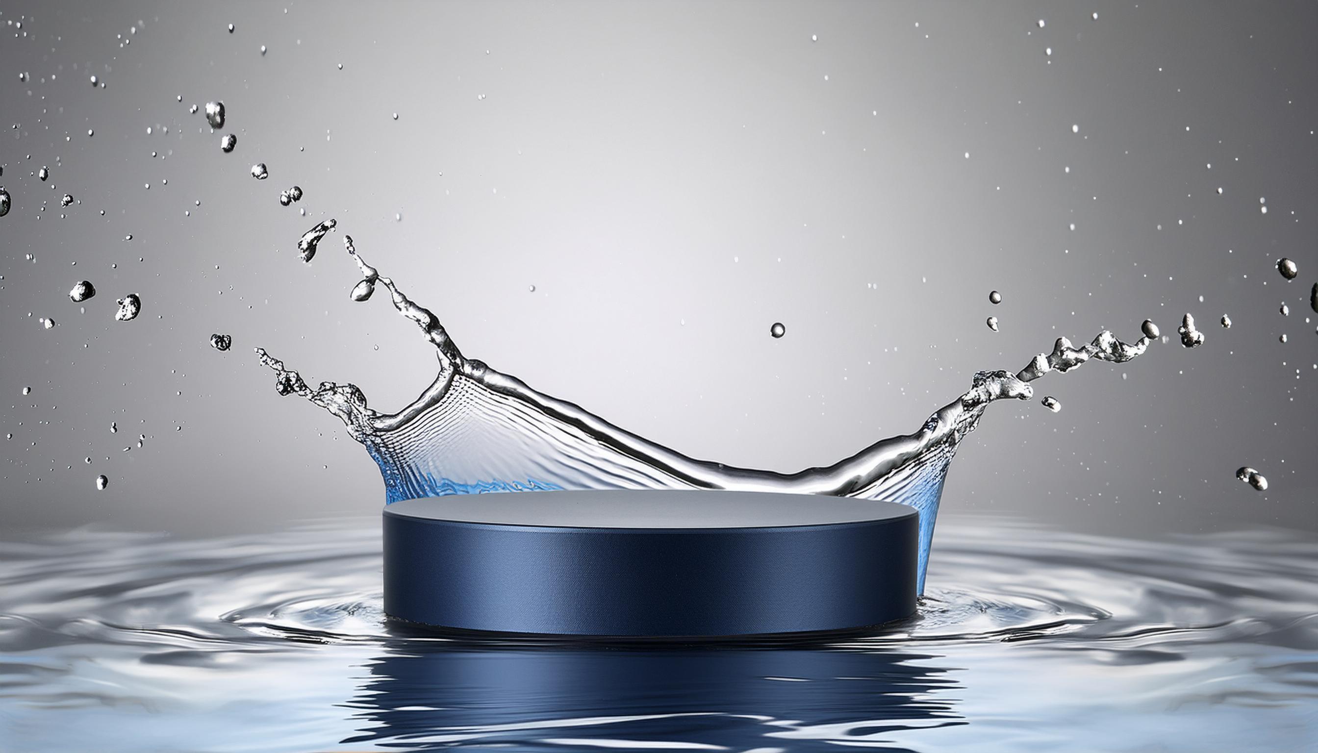 empty blue podium mockup with water splash on a gradient background for product display Stock Free