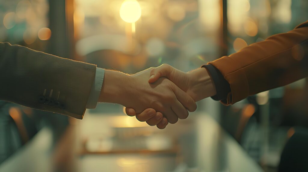 AI generated Business Professionals Seal Deal in Front of Modern City Skyline Captured with 50mm Lens Emphasizing Handshake Stock Free