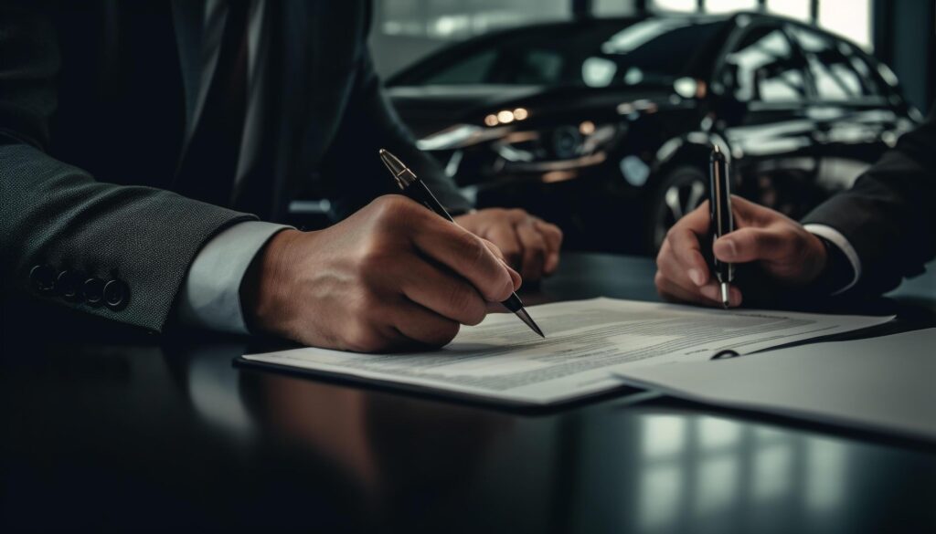 AI generated Successful businessman sitting at desk, signing important business contract generated by AI Stock Free