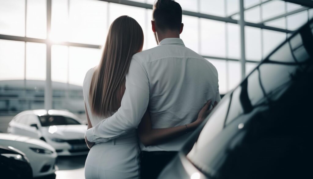 AI generated Young couple embracing, smiling, looking out window, discussing business generated by AI Stock Free