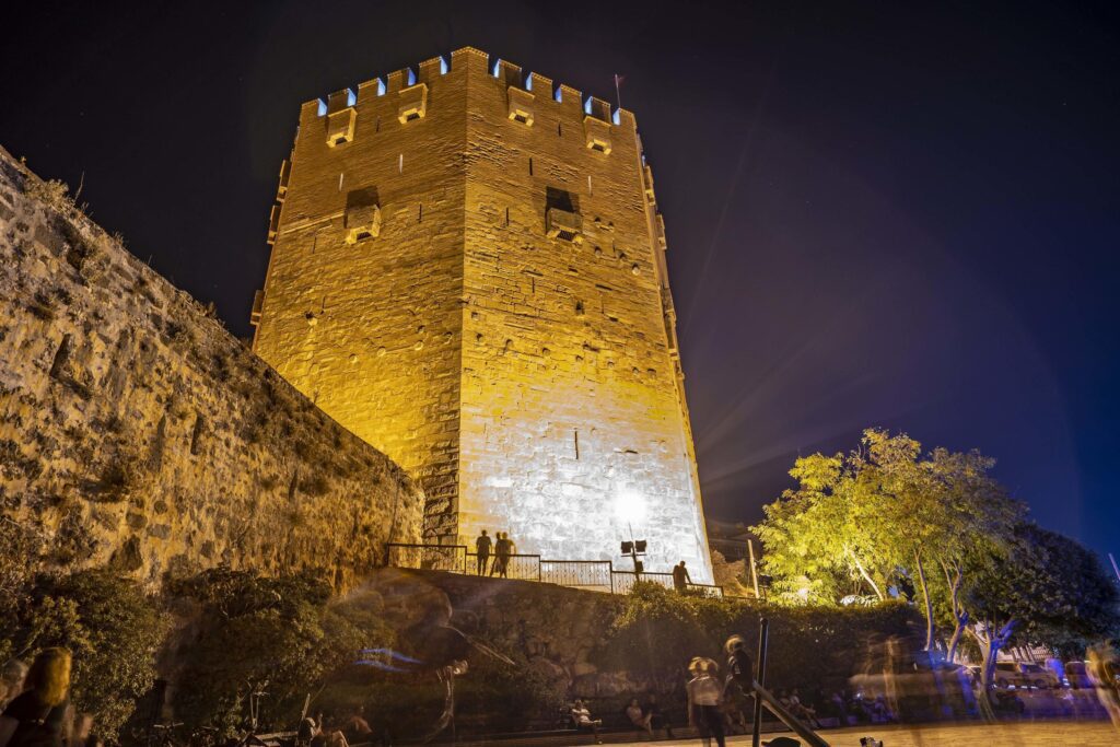 Alanya 2022 Antalya night city with castle and sea Stock Free