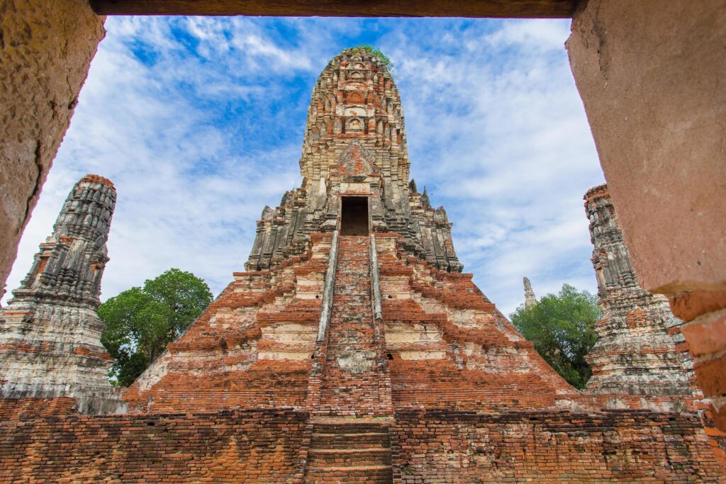 An ancient pagoda built of destroyed bricks located outdoors in Wat Chaiwatthanaram is a major tourist attraction in Phra Nakhon Si Ayutthaya Province, Thailand Stock Free