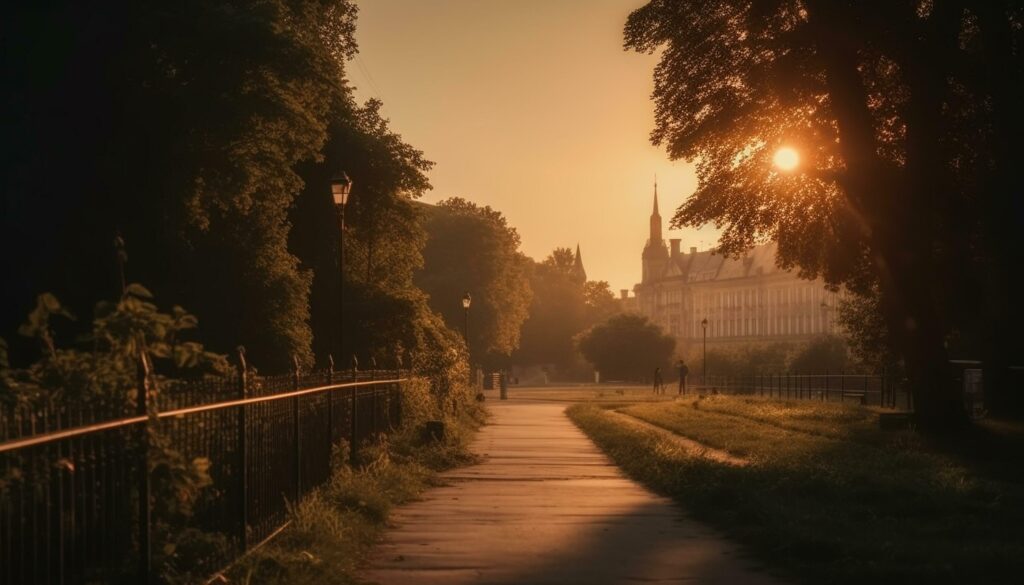 Ancient cathedral illuminated by autumn sunlight glow generated by AI Stock Free