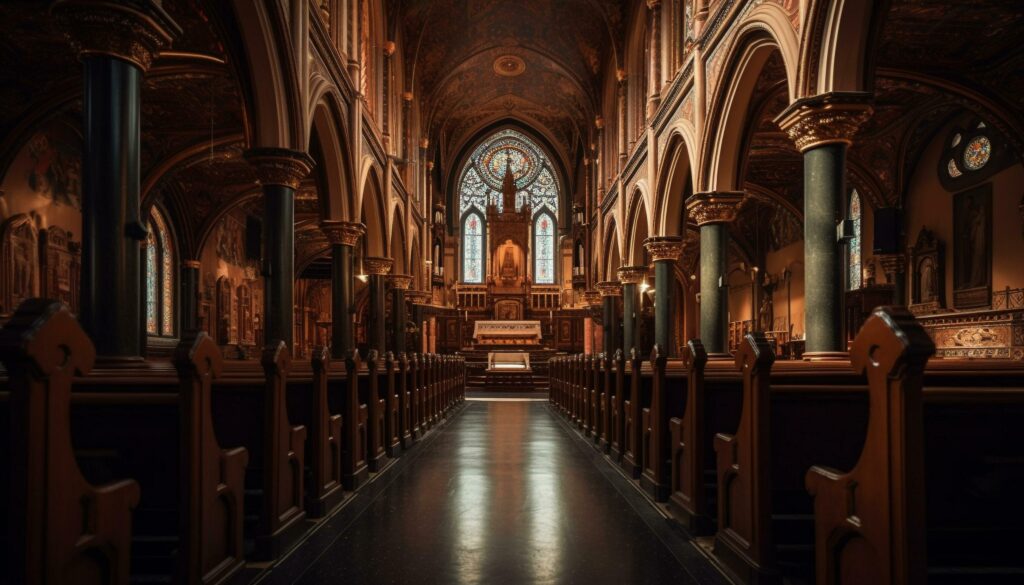 Ancient chapel with stained glass and altar generated by AI Stock Free