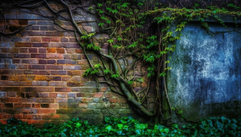 Ancient forest growth on old brick wall, nature beauty preserved generated by AI Stock Free