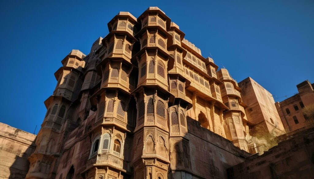 Ancient sandstone monument, ornate facade, Hindu spirituality generated by AI Stock Free