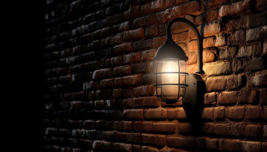 Antique lantern illuminates old brick wall with rusty street light generated by AI Stock Free