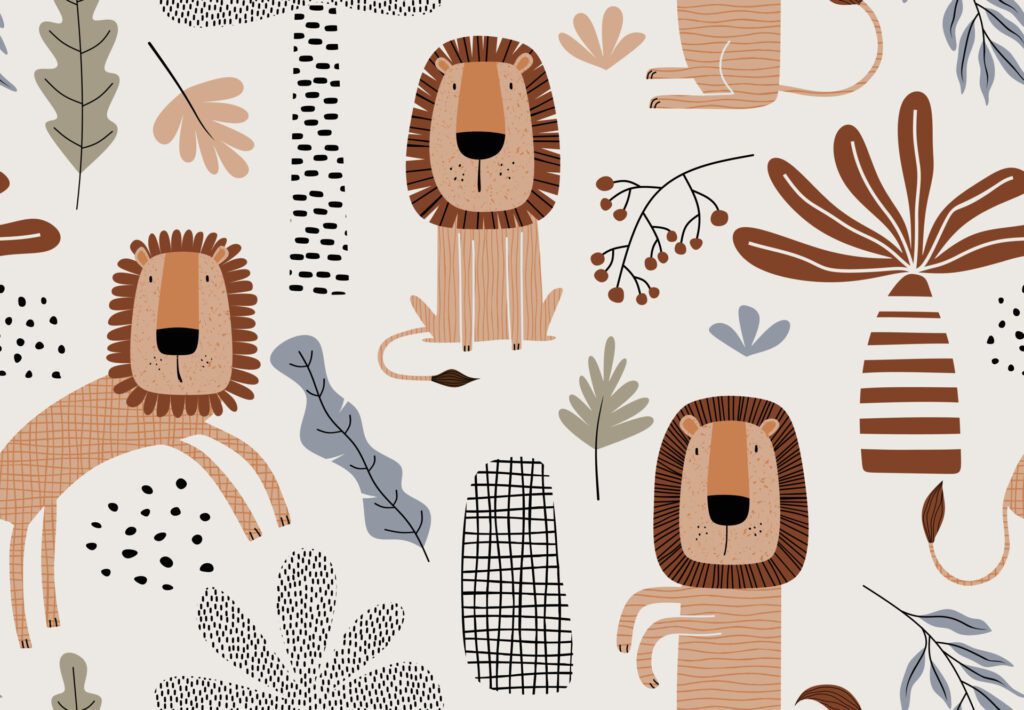 Seamless pattern with cute cartoon lion. Free Vector