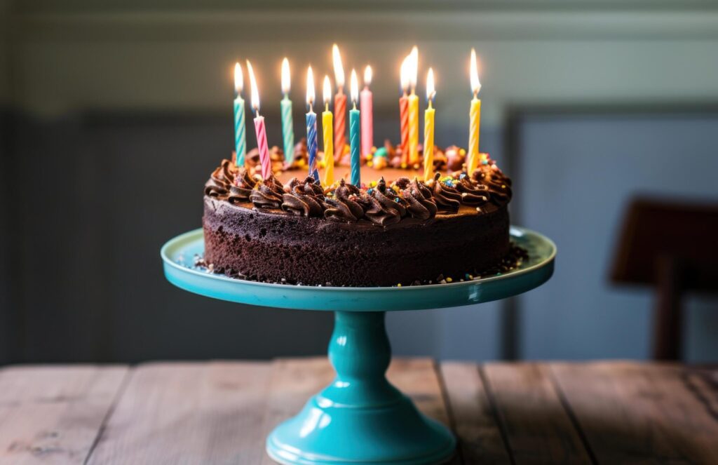 a chocolate birthday cake with lit candles on it sitting on a blue stand Free Photo