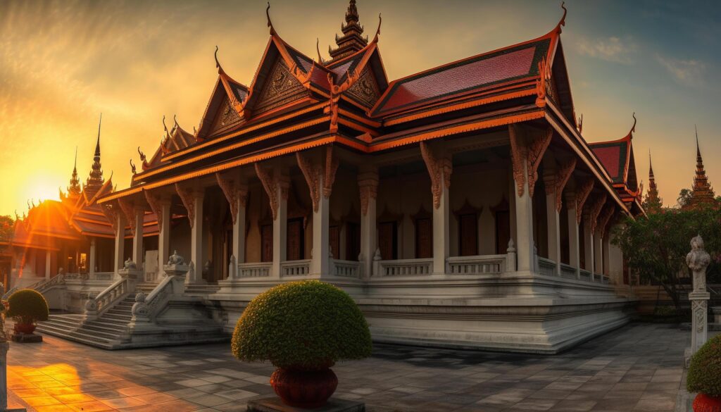 Majestic pagoda, built structure of ancient Thai culture, multi colored decoration generated by AI Stock Free