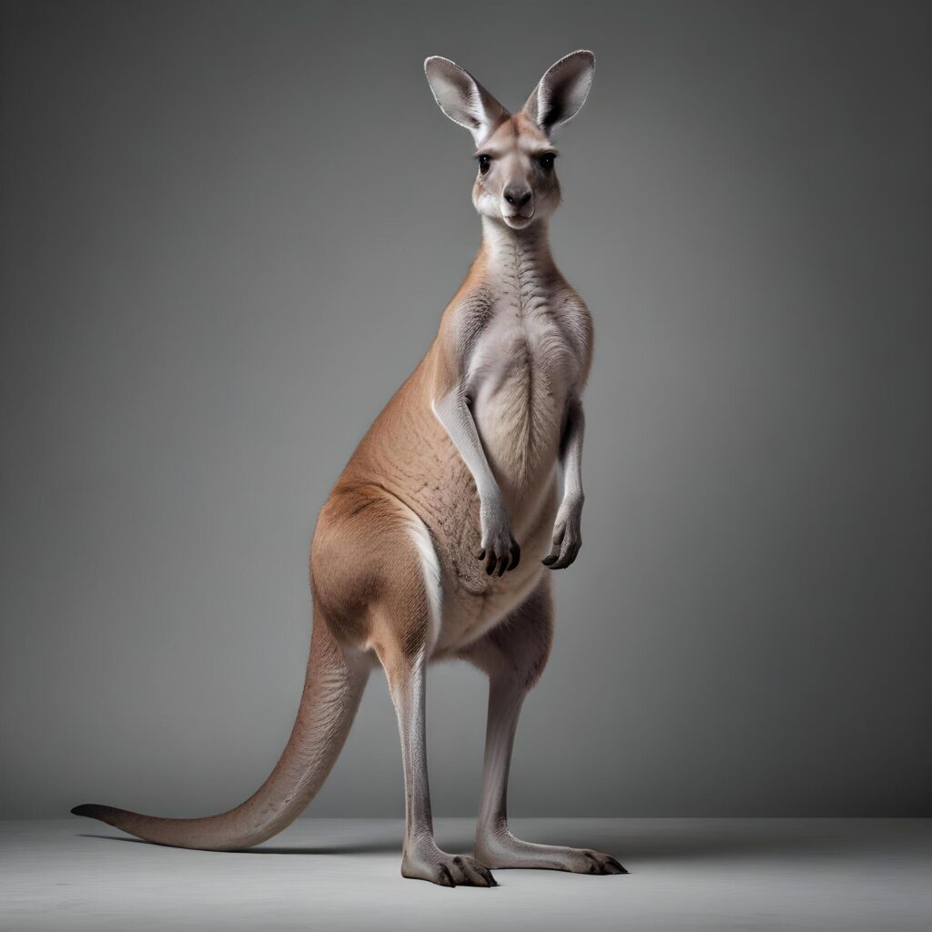 a kangaroo standing on its hind legs in front of a gray background Stock Free