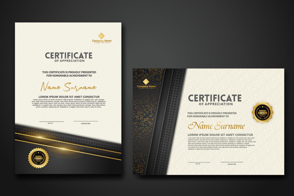 Luxury certificate template with glitter effect dan lines gold shine on frame background Free Vector