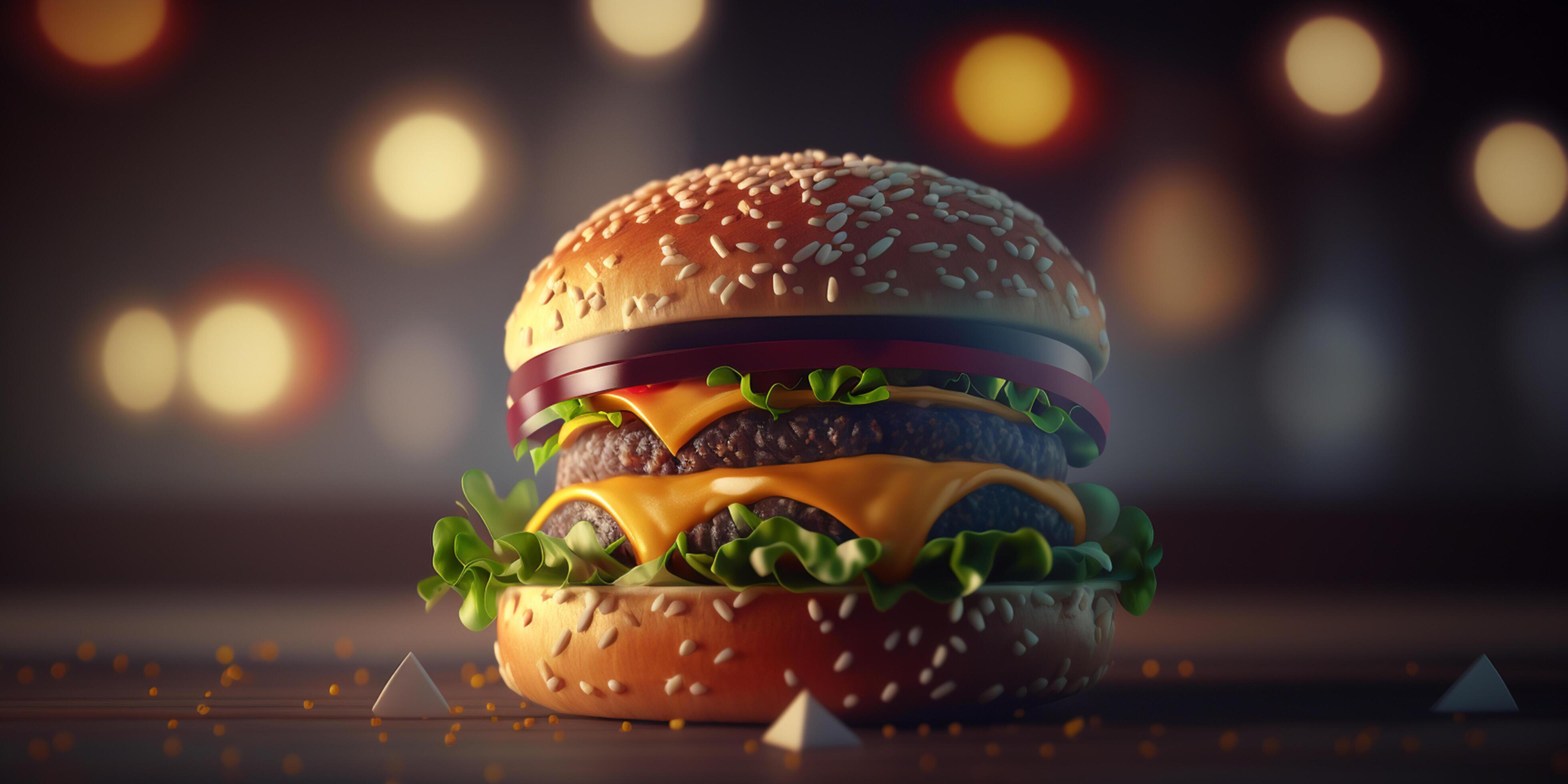 Juicy Hamburger with Bokeh Background, Delicious Fast Food Illustration Stock Free