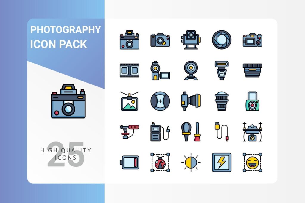 Photography icon pack for your web site design, logo, app, UI Stock Free