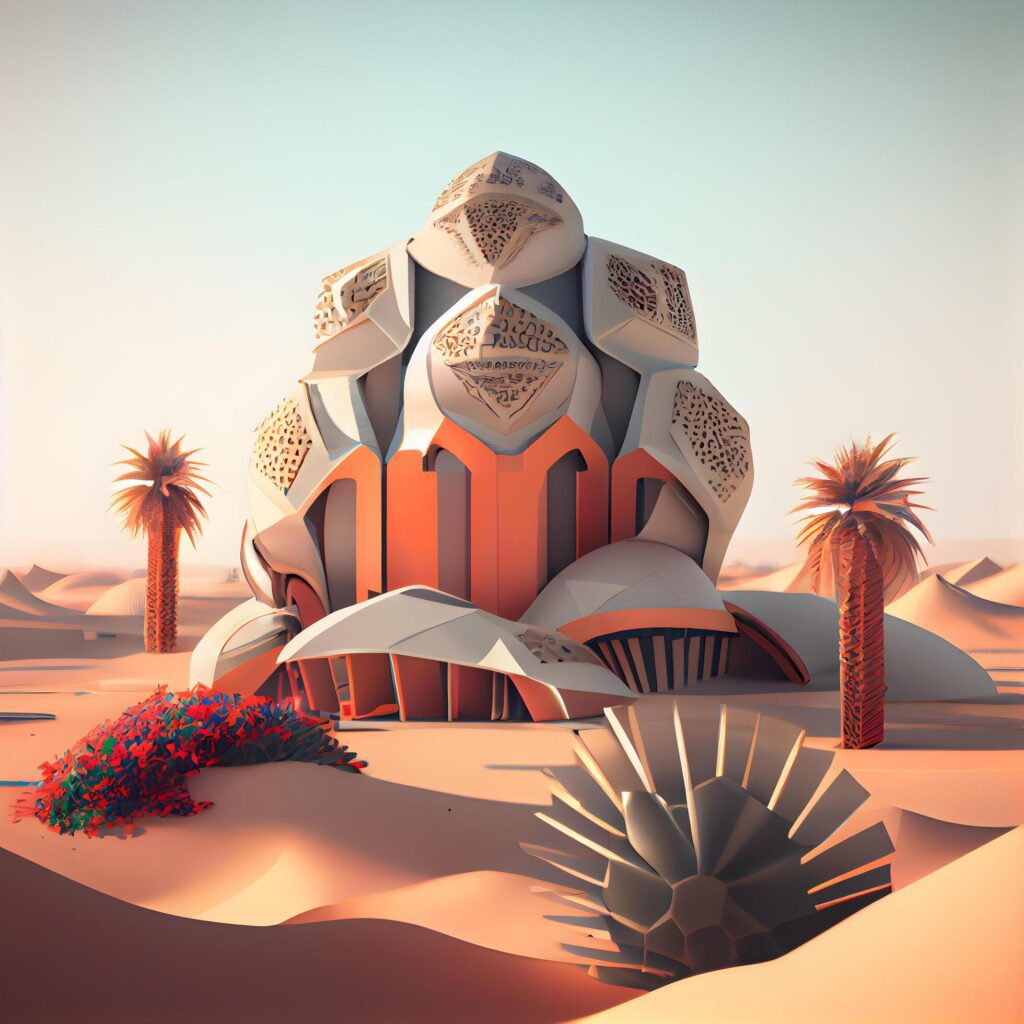 3d rendering of mosque in the desert with palm trees and sand, Image Stock Free