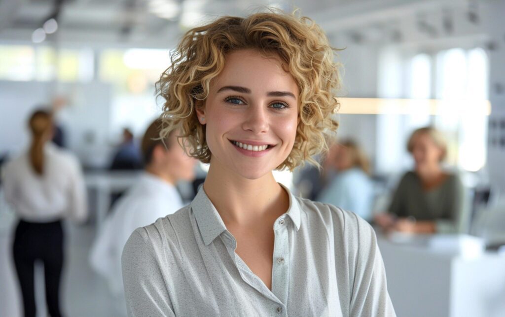 Portrait of happy Portrait of young woman smiling standing in modern office space generated by AI. Free Photo