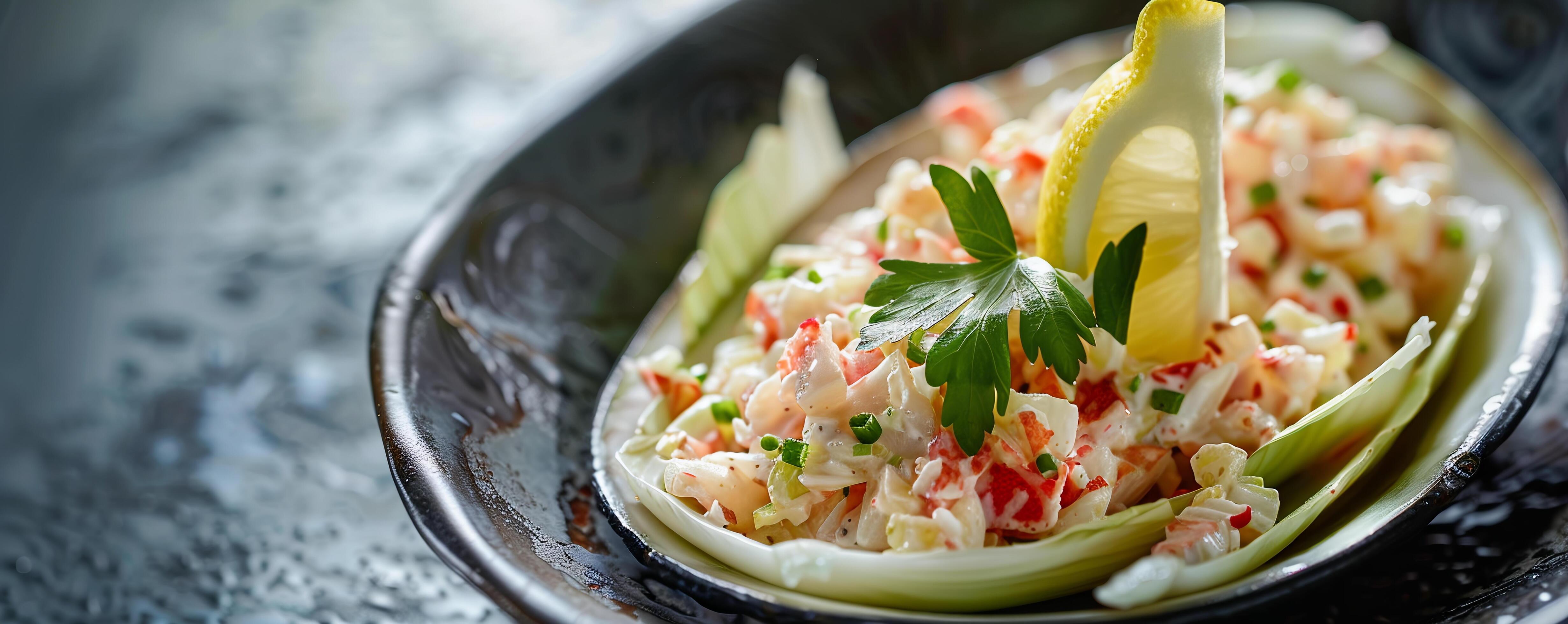 Crab salad served in endive leaves with a lemon wedge garnish. Stock Free