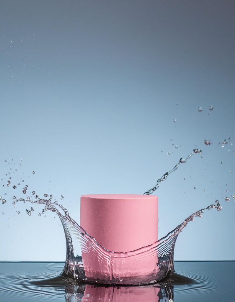 empty pink podium mockup with water splash on a blue gradient background for product display Stock Free