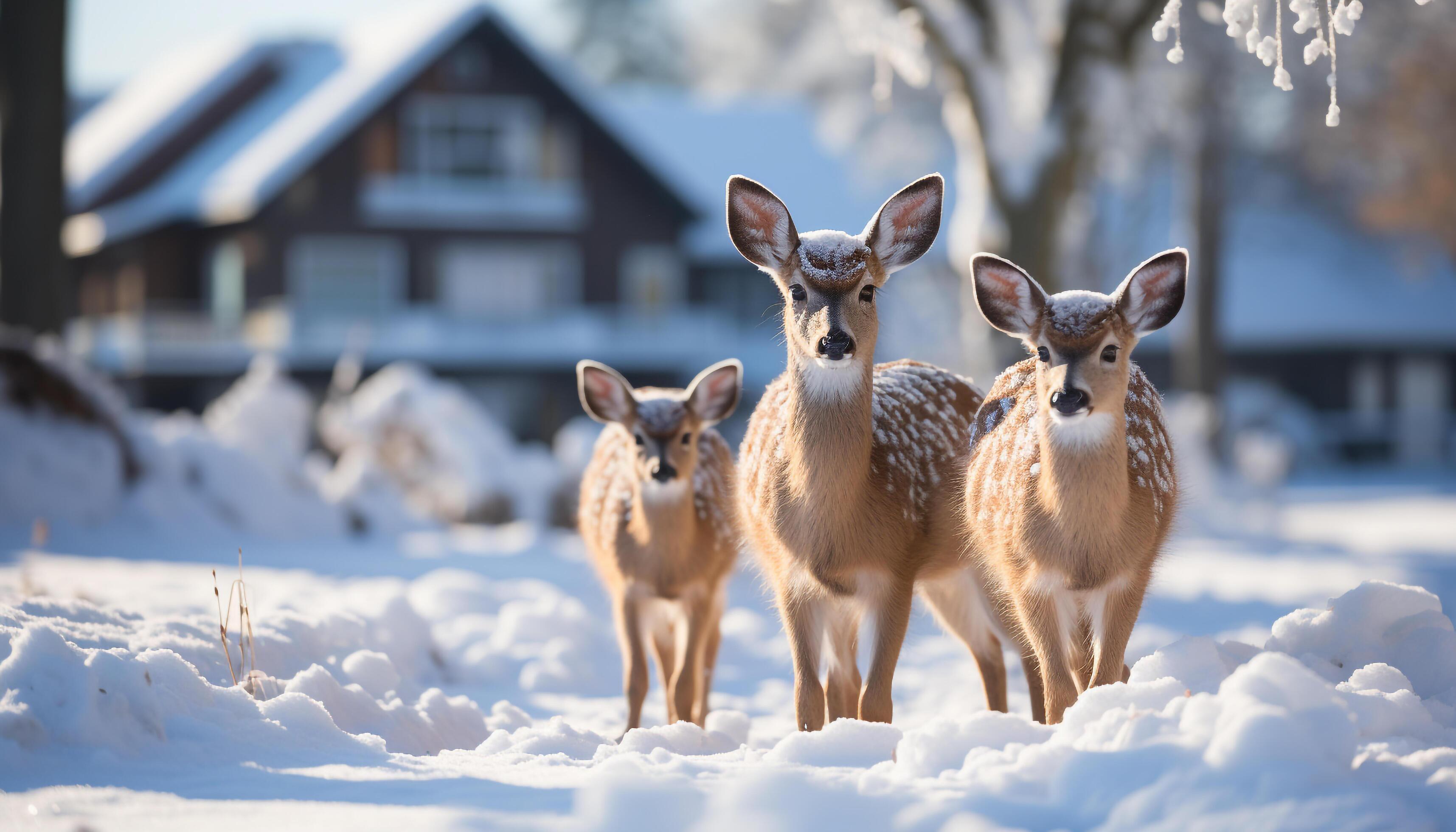 AI generated Cute deer family grazing in snowy meadow generated by AI Stock Free