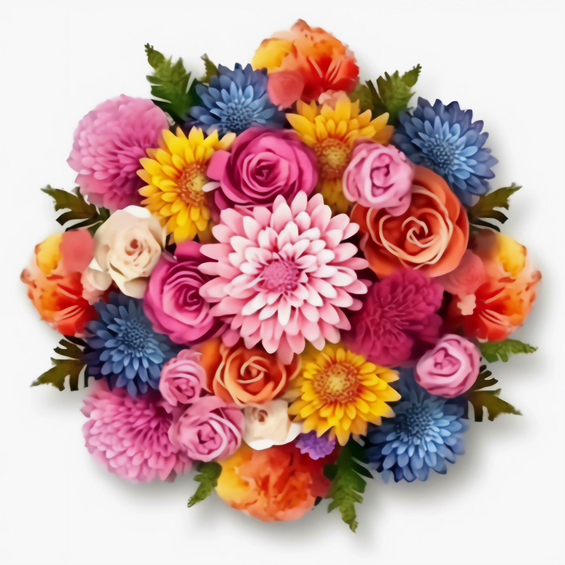 A top view of a bouquet of various colorful flowers. Isolated white background. AI Generated. Stock Free