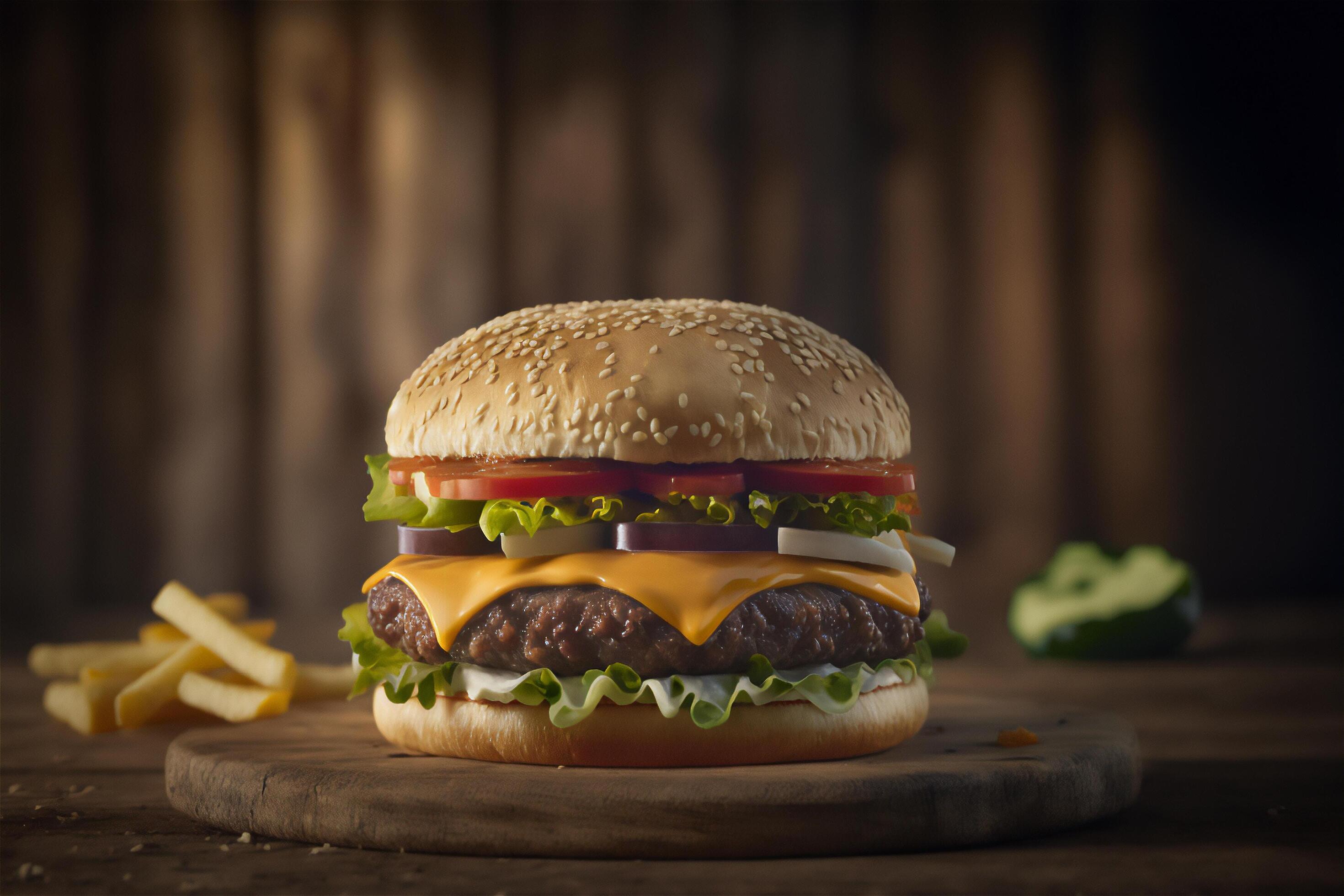 Tasty homemade hamburger on rustic wooden table. Copy space. Advertising. . Fast food snack Stock Free