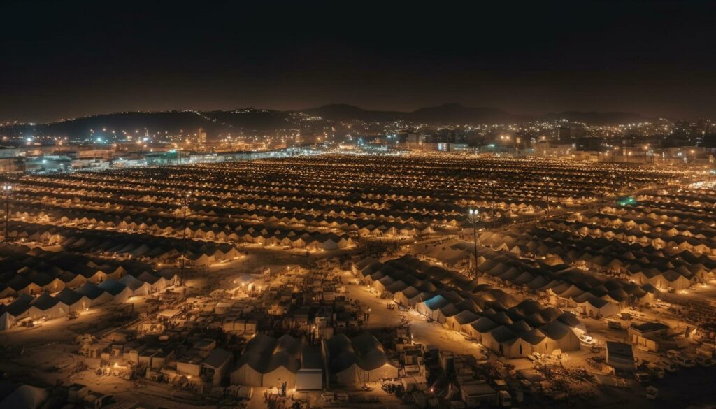 Glowing city skyline at dusk, no people generated by AI Stock Free