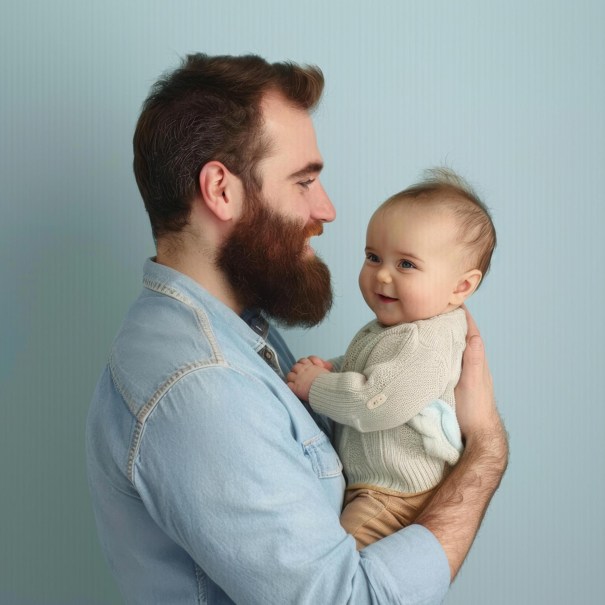 Smiling bearded man holding a happy baby suitable for family or parenting themes Stock Free