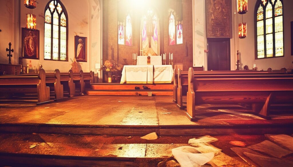 Inside the medieval chapel, old wood and stained glass illuminate spirituality generated by AI Stock Free