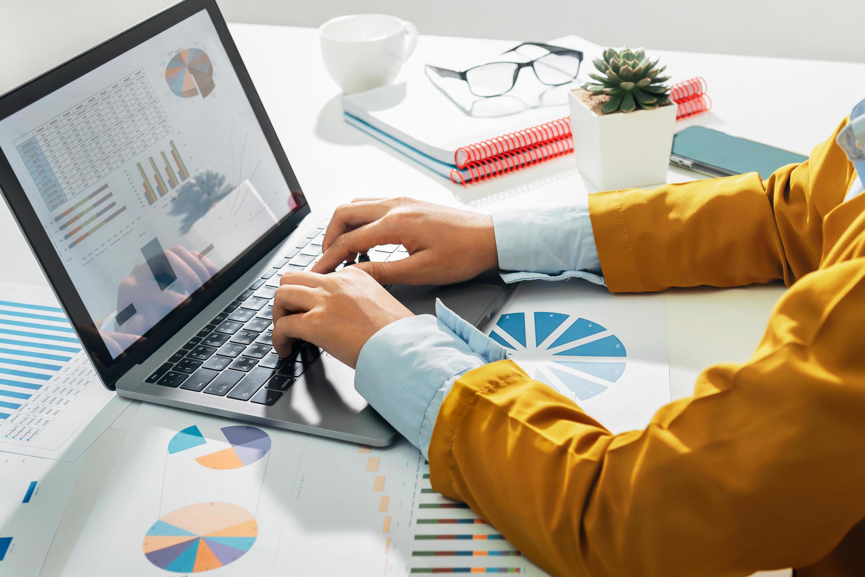 accountant using laptop computer on desk in office. business accounting concept Stock Free